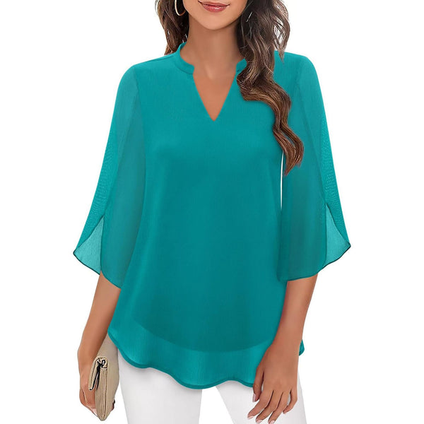 Radiant Petal-Sleeve Chiffon Top in Vibrant Colors - Women's V-Neck Fashion Top