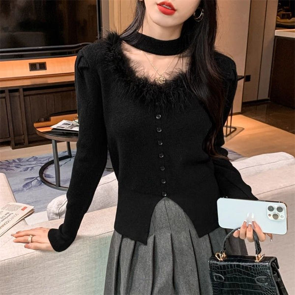 Trendy Furry Halter Sweater in Noir Black - 3D Stereo Pattern, Women's Winter Fashion Statement