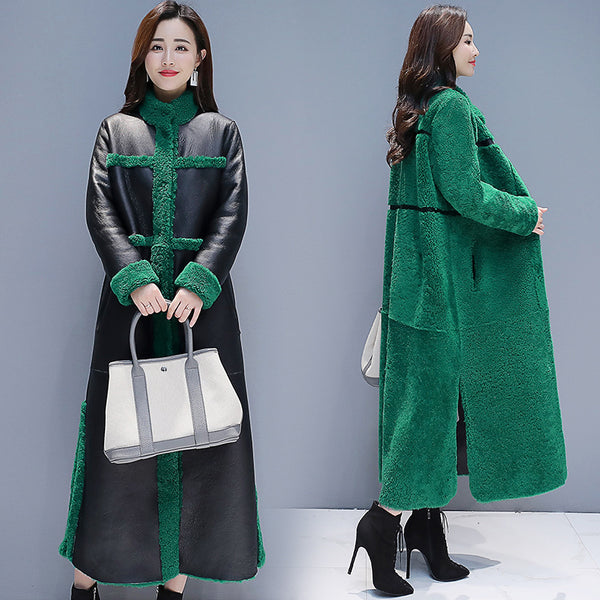 Women's Fleece-Lined Lamb Wool Long Coat in Attractive Color