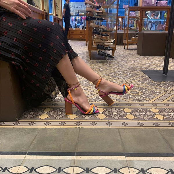 Elegant Roman Inspired High Heel Sandals in Red & Beige, Open Toe Hollow-out Design
