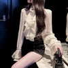 Elegant Chiffon Ruffle Top with Rhinestone Embellishment in Crisp White - Asian Casual Style for Women's Fashion