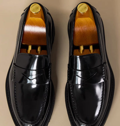 Hand-crafted Black Leather Slip-on Shoes for Business Casual Wear with Square Toe & Thick Sole - Men's Sizes 38-45