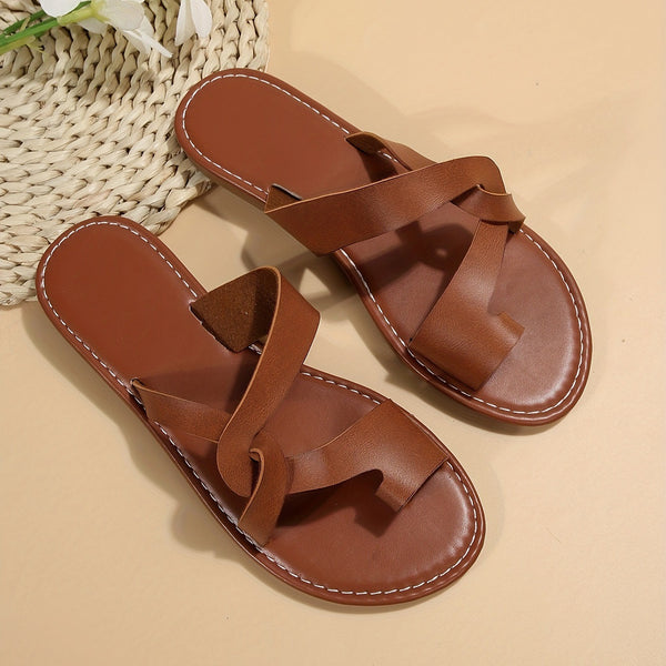 Stylish Women's Leather Sandals in Dark Brown - European & American Design. Premium PU Sole for Comfort & Style.