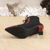 Chic black and red pointed toe lace-up booties with block heel, perfect for all-season fashion and comfort.