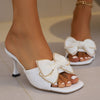 Chic French-Style Bow Slippers, Open-Toe, Plus Size in Classic White, Romantic Pink, Bold Red, or Mysterious Black.