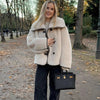Sleek Plush Coat with Large Fur Collar in Milky White - Women's Winter Coat