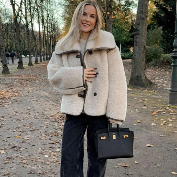 Sleek Plush Coat with Large Fur Collar in Milky White - Women's Winter Coat