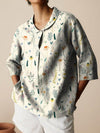 Retro Slub Linen Shirt for Autumn Casual Wear. Loose-fitted design with intricate print. Long sleeve, medium length. High-quality fabric.