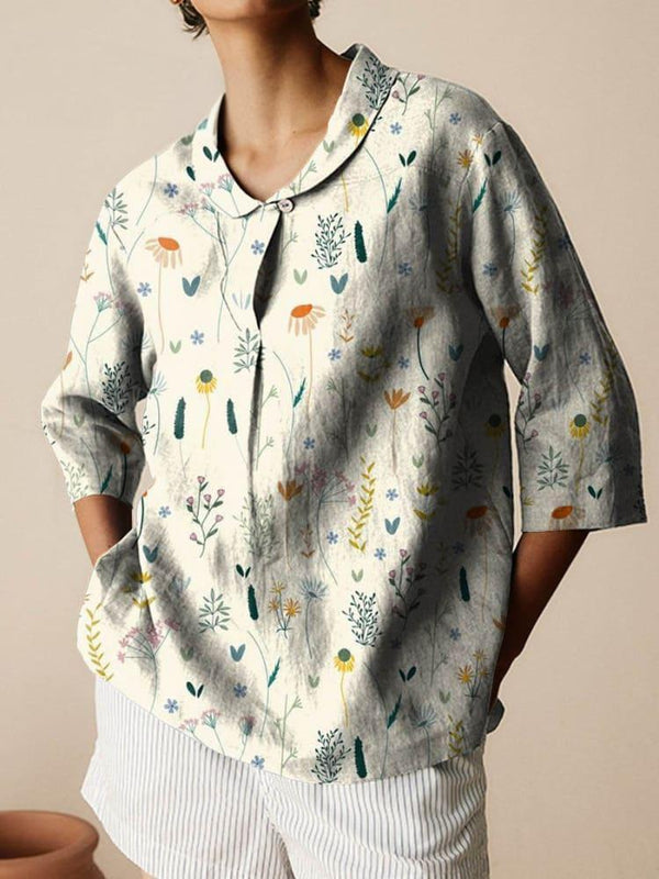 Retro Slub Linen Shirt for Autumn Casual Wear. Loose-fitted design with intricate print. Long sleeve, medium length. High-quality fabric.