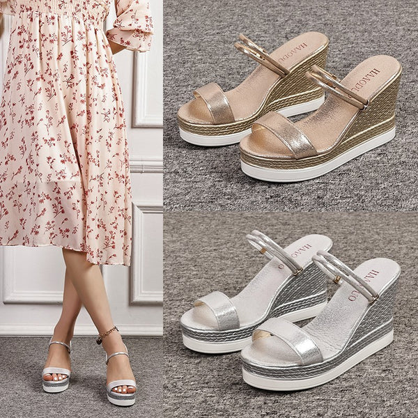 Elegant Women's Platform Wedge Sandals with PU Sole in Gold or Silver - Comfortable and Stylish Footwear for Women.