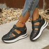 Women's Summer Wedge Sandals with Hollow Design - Black & White. Breathable PU Material. Velcro Closure for Comfort.