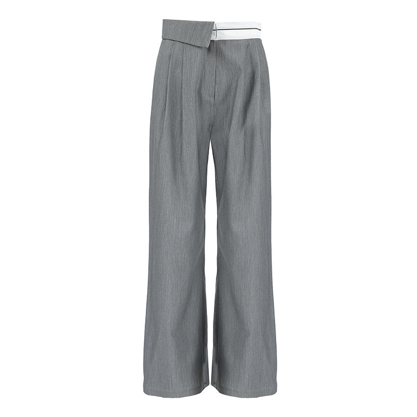 Gray Loose Straight Patchwork High Waist Trousers