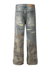 Vintage Camo Patchwork Ripped Denim Jeans in blue, mid-waist fit, full length, no elasticity. Perfect for edgy, trendy streetwear style.