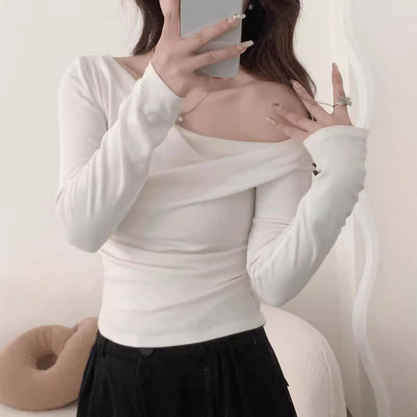 Chic One-Shoulder Women's Top, Long Sleeve, Cold-Shoulder Style - Stylish, versatile polyester top for trendy women.