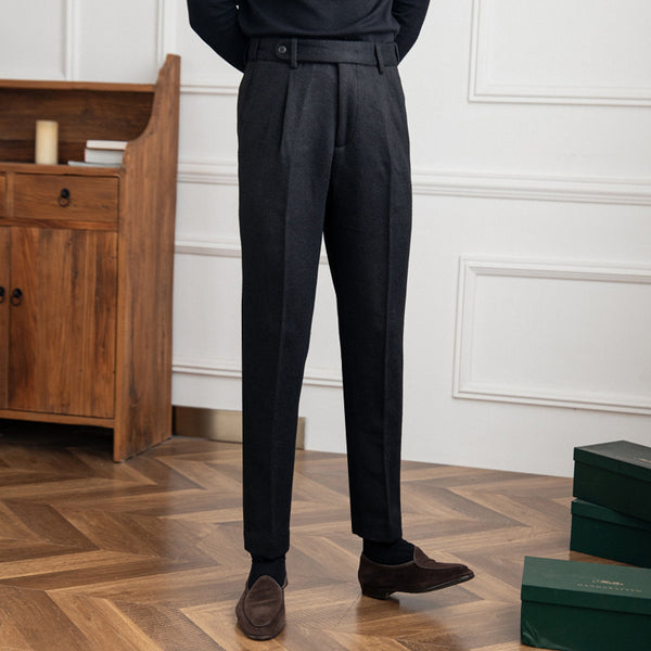Retro-style black wool blend high-waist pants for chic, versatile wear - anti-wrinkle fabric, comfortable & stylish.