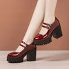 Women's chunky heel brogue platform shoes with heart straps, featuring vintage style, double buckle, and durable rubber sole.
