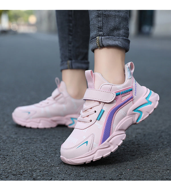Waterproof Unisex Kids' Casual Sneakers in Leather Finish, Pink and Black Options with Letter Pattern, Velcro Fastening. Ideal for Outdoor Adventures!