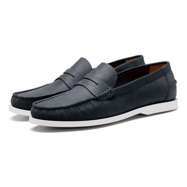 Premium Frosted Cowhide Men's Loafers in Dark Blue & Brown