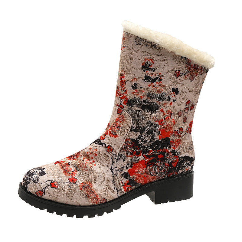 European And American Floral Plus Velvet Snow Boots Women