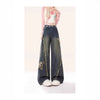 Vintage-Style Butterfly Patch Straight-Cut Denim Pants - Retro Blue - Sizes S to XL - Urban Chic Fashion - Wide-Leg Jeans.