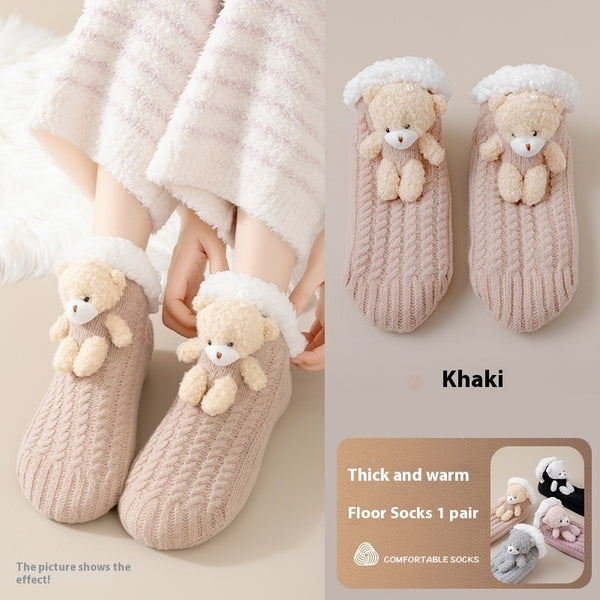 Women's Lambswool Lined Winter Cartoon Socks - Pink, Black, Gray, Khaki cozy socks with charming designs for warmth.