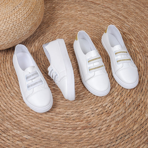 Versatile White Slip-on Casual Flats, Gold and Silver Options, Comfortable Low Heel, Durable Rubber Sole - Breathable and Chic Footwear