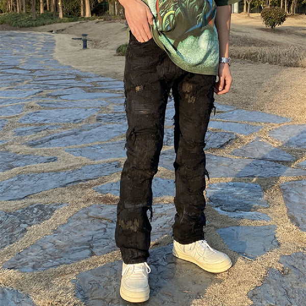 Fashionable Distressed Denim Jeans - Mid-Waisted, Tassel Details