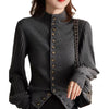 Chic Patchwork Knitted Cardigan in Retro Style, Gray and Black, Stand-up Collar, Women's Fashion, Casual Wear.