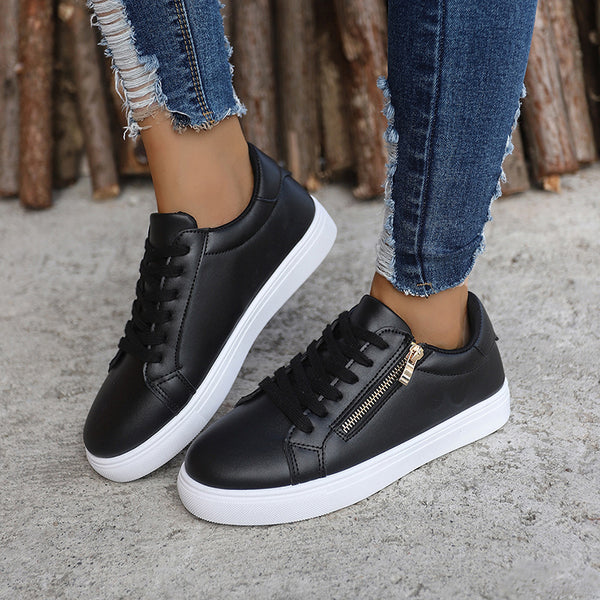 Chic Large Size Flat Sneaker in Black or White for Ladies - Breathable Cotton Lining, Side Zipper, Round Toe - Fashionable and Comfortable.