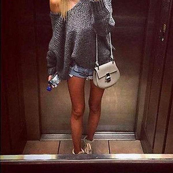 Cozy Off-Shoulder Long Sleeve Women's Sweater in Khaki and Gray