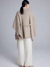 Elegant Cashmere Lace-Up Cloak Sweater in Camel and Black with Batwing Sleeves and V-Neck Collar. Perfect for chic winter wear.