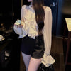 Elegant Chiffon Ruffle Top with Rhinestone Detailing in Crisp White for Women - Asian Casual Glam Fashion - Sizes S, M, L