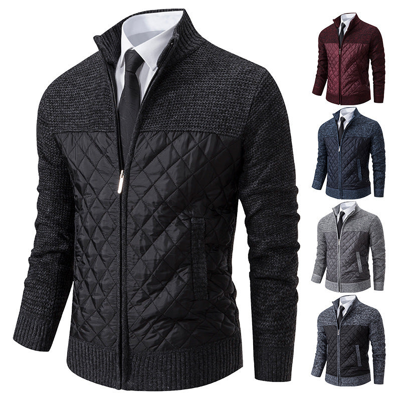 Men's Sweater Coat Color Matching Zipped Stand Collar Sweater