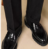 Hand-crafted Black Leather Slip-on Business Casual Shoes, Square Toe, Sizes 38-45, Thick Sole - Men's Dress, Wear-resistant.
