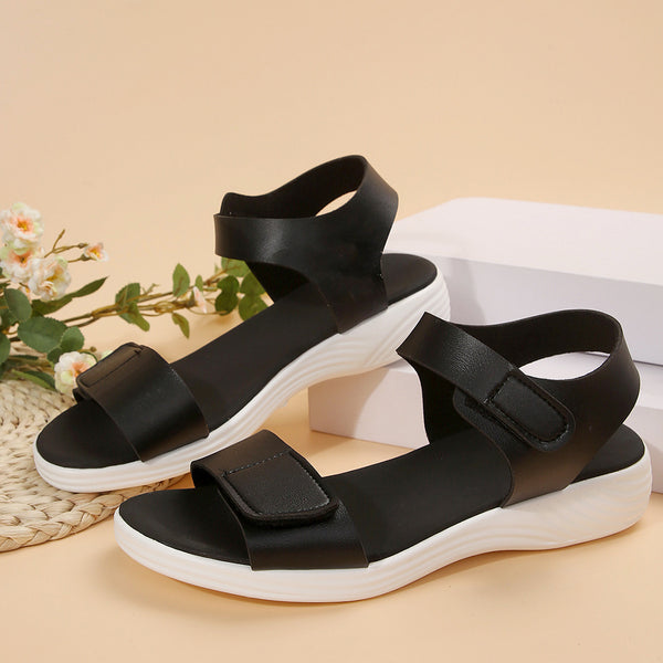 Summer Beach Sandals with Low Heel in White, Black, and Brown - Women's Stylish Footwear with Velcro Fastening