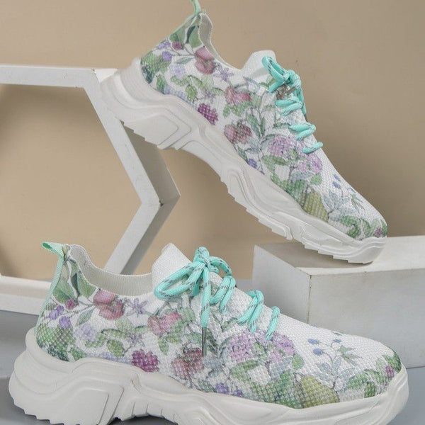 Feminine Floral Print Sports Shoes with Flat Sole, Casual and Comfortable Athletic Footwear for Women