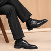 Elegant British Style Leather Square Toe Shoes in Black and Brown with Buckle Closure and Carved Flower Details