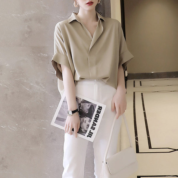 Chic Summer Batwing Sleeve Top in Black and Khaki - Loose, Versatile Pullover - Sizes S to XXXL - Stylish Polyester Blend - Collage/Stitching Detail