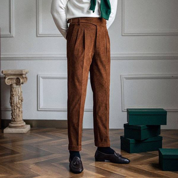 Men's High Waist Corduroy Casual Pants in Milky White, Brown, or Sapphire Blue - Straight-Leg Style for Youth Fashion.