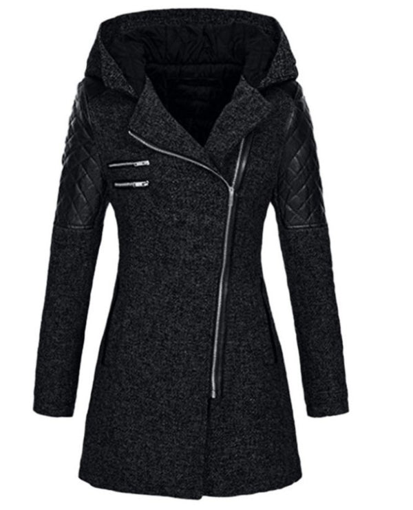 Warm Mid-Length Thermal Trench Coat with Unique Oblique Zipper