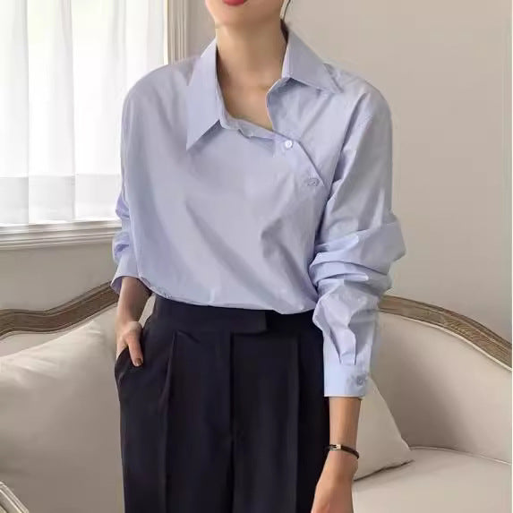 Chic Solid Color Long Sleeve Women's Leisure Shirt in Light Blue and White - Casual and Comfortable Cotton Shirt.