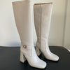 Chic White Square Toe High Heel Autumn Boots with Side Zipper- Women's Fashion Boots Cozy PU Lining, Rubber Sole- Fall Style Statement.