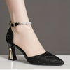 Chic faux pearl block heel pumps with ankle strap, pointed toe design, perfect for weddings and formal events.