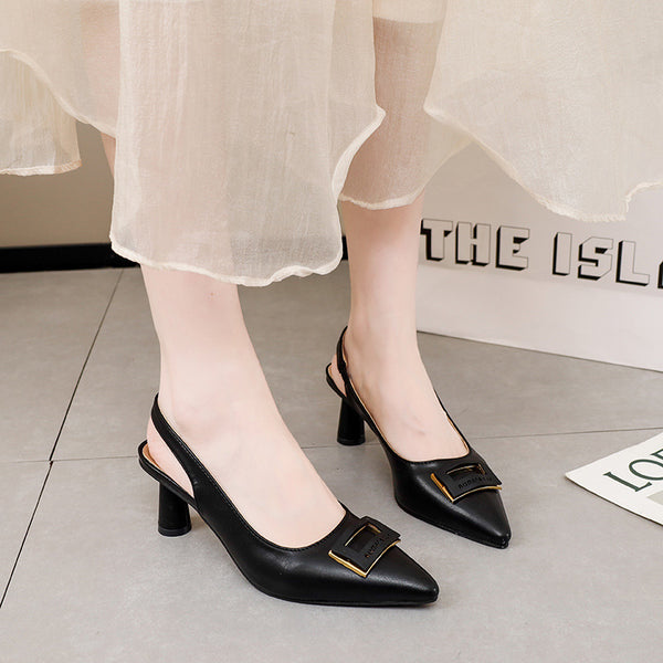 Fashionable Women's Chunky Heel Buckle Sandals in Creamy-White and Black - PU Upper, Chunky Heel (6-8CM), Stylish Square Buckle.