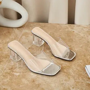 Chic Square Toe Crystal Heel Sandals - Korean Style High Heels for Women, Elegant Microfiber Shoes with Rubber Sole