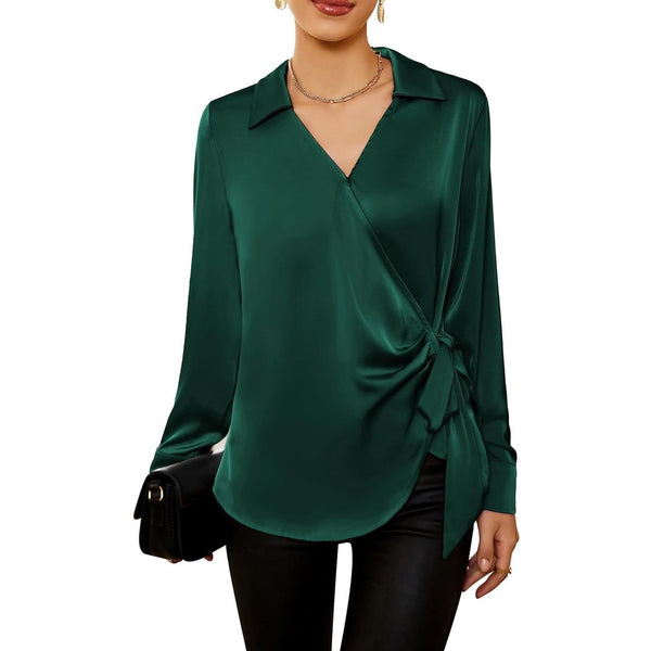 Elegant Lace-up Long Sleeve Shirt, Milk Silk fabric, Waist-trimming top, Women's fashion, Trendy colors, Sizes S-XXL