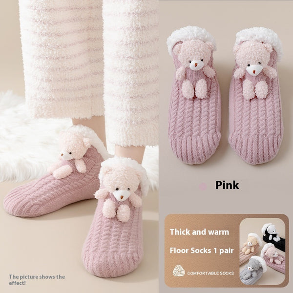 Women's Winter Warm Lambswool Lined Cartoon Socks - Pink, Black, Gray, Khaki