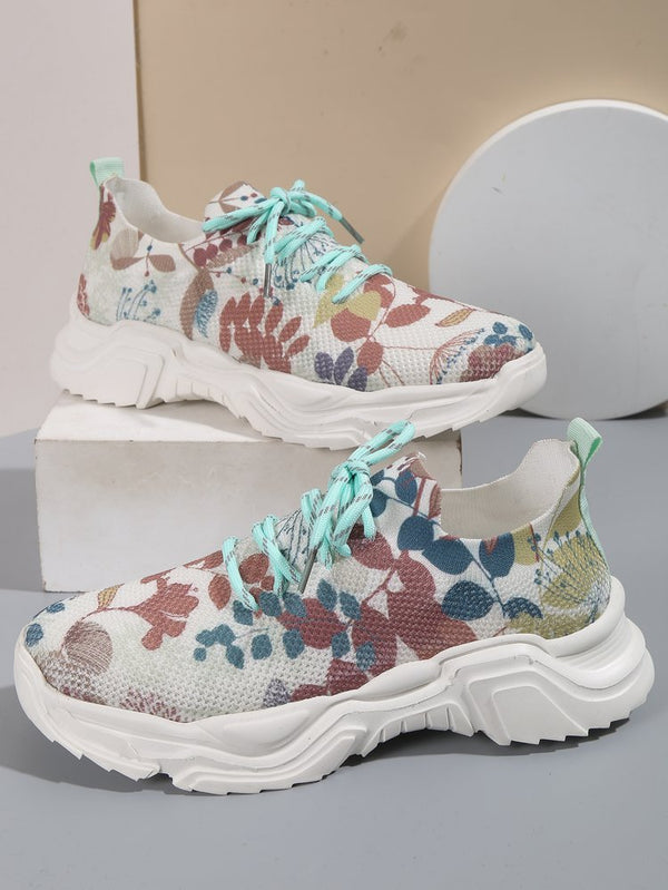 Feminine Floral Print Sports Shoes with Flat Sole - Breathable mesh, Mid-heel, Plus Sizes Available for Women.
