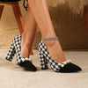Elegant women's houndstooth pumps with faux pearl accents, pointed toe, and chunky block heel for all-season comfort.