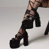 Chic Bow Cross Buckle Platform Pumps in black with block heel, bow embellishment, and square toe for Y2K fashion elegance.